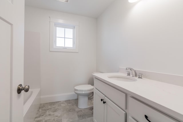 full bath with walk in shower, baseboards, toilet, a bathtub, and vanity