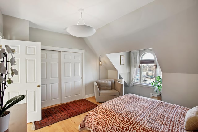 bedroom with a closet, lofted ceiling, and wood finished floors