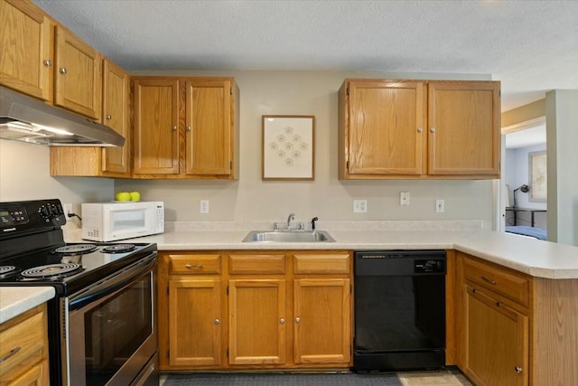 kitchen featuring white microwave, a sink, electric stove, under cabinet range hood, and dishwasher