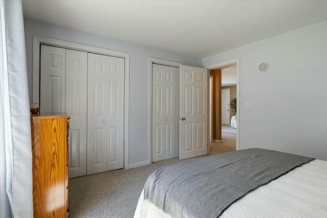 carpeted bedroom with two closets