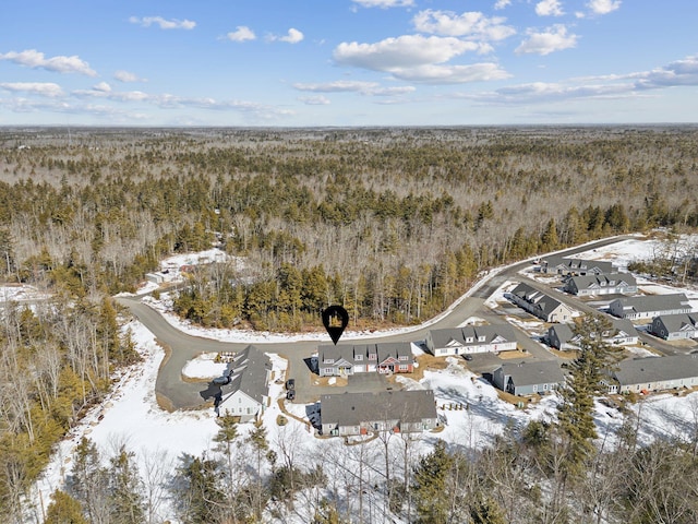 snowy aerial view featuring a view of trees