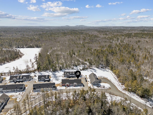 snowy aerial view featuring a mountain view and a forest view