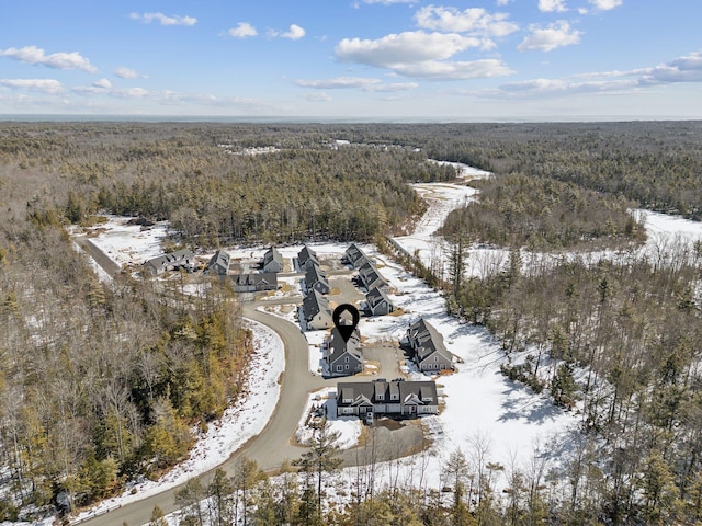 snowy aerial view featuring a forest view