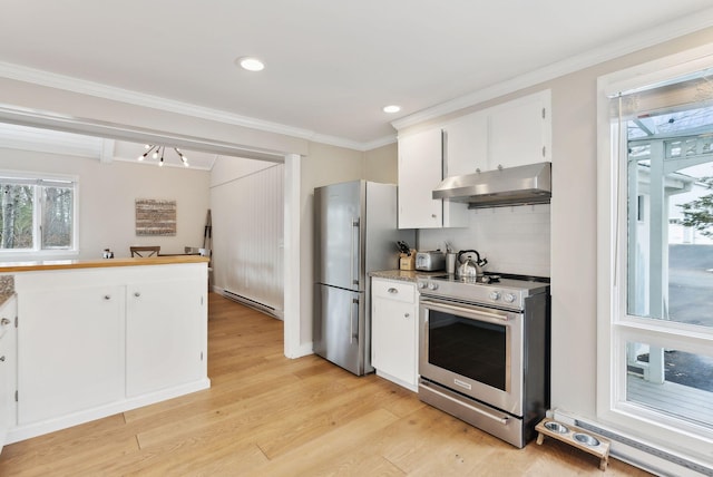 kitchen featuring light wood-style flooring, appliances with stainless steel finishes, under cabinet range hood, white cabinetry, and backsplash