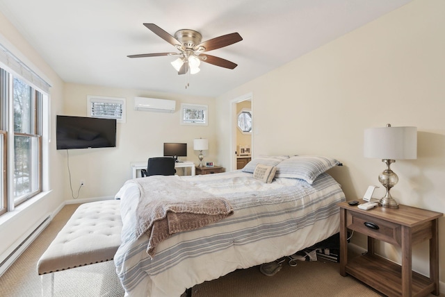 bedroom with a baseboard heating unit, an AC wall unit, multiple windows, and carpet floors