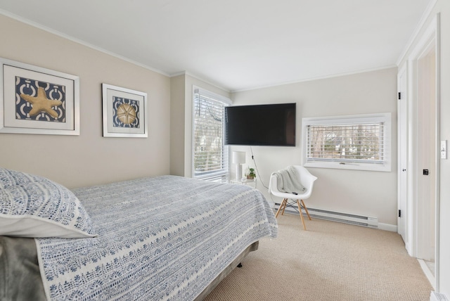 bedroom featuring carpet flooring, a baseboard heating unit, baseboards, and ornamental molding