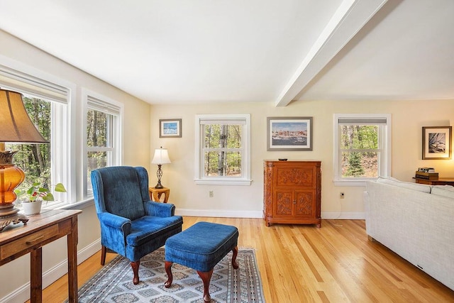 101 Whites Bridge Rd, Windham, ME 04062 - sitting room featuring plenty of natural light, light wood-style flooring, beam ceiling, and baseboards