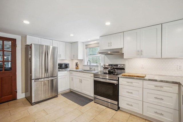 101 Whites Bridge Rd, Windham, ME 04062 - kitchen featuring stainless steel appliances, under cabinet range hood, a sink, decorative backsplash, and white cabinetry