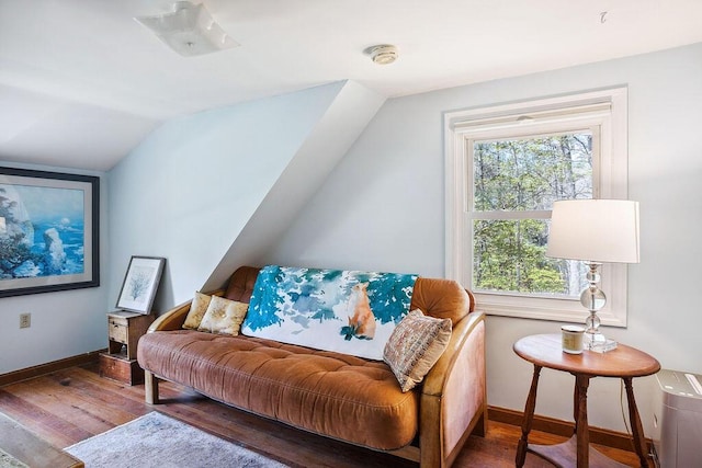 101 Whites Bridge Rd, Windham, ME 04062 - living area with hardwood / wood-style floors, baseboards, and vaulted ceiling