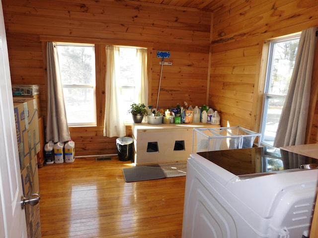 interior space with plenty of natural light, wood walls, and light wood finished floors