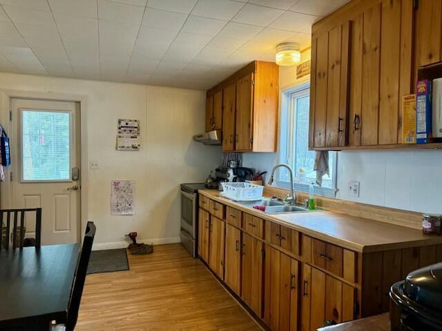 kitchen featuring under cabinet range hood, brown cabinets, a sink, and electric stove