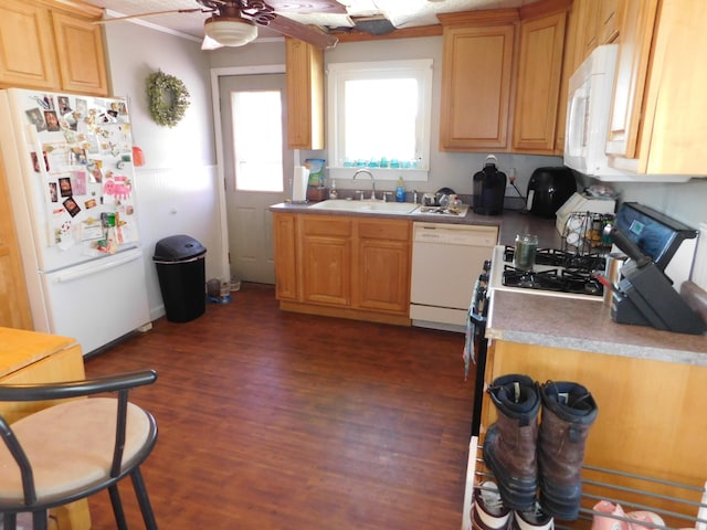 kitchen featuring white appliances, dark wood finished floors, ceiling fan, a sink, and light countertops