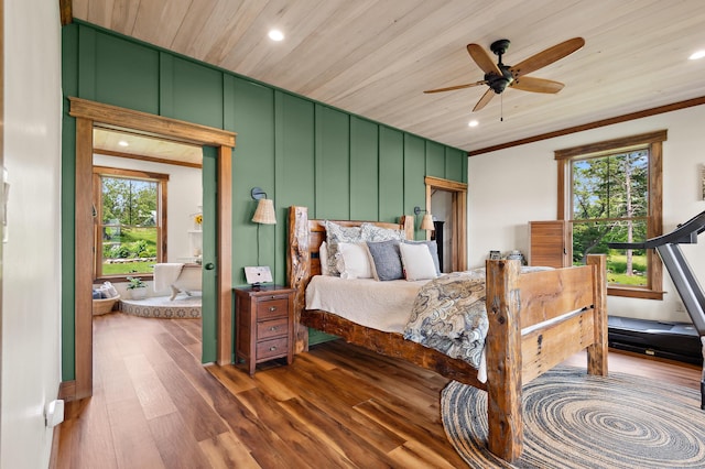 3062 Main St, Rangeley, ME 04970 - bedroom featuring a decorative wall, wood finished floors, recessed lighting, ornamental molding, and wood ceiling
