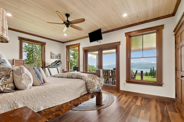 3062 Main St, Rangeley, ME 04970 - bedroom with access to outside, ornamental molding, wood finished floors, wood ceiling, and recessed lighting