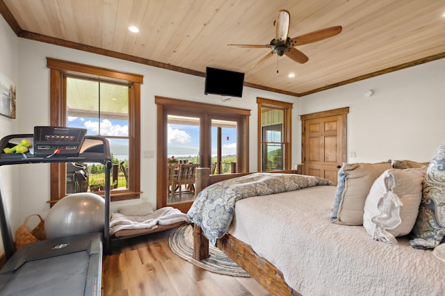 3062 Main St, Rangeley, ME 04970 - bedroom with access to exterior, wood finished floors, recessed lighting, crown molding, and wood ceiling