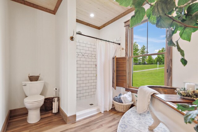 3062 Main St, Rangeley, ME 04970 - bathroom with wood finished floors, ornamental molding, a stall shower, and recessed lighting