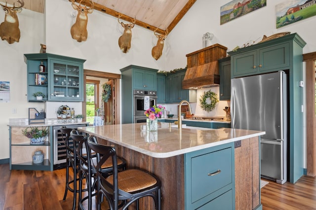 3062 Main St, Rangeley, ME 04970 - kitchen featuring stainless steel appliances, wine cooler, high vaulted ceiling, open shelves, and dark wood finished floors