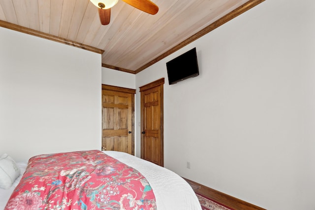 3062 Main St, Rangeley, ME 04970 - bedroom featuring crown molding, wood finished floors, wooden ceiling, and a ceiling fan