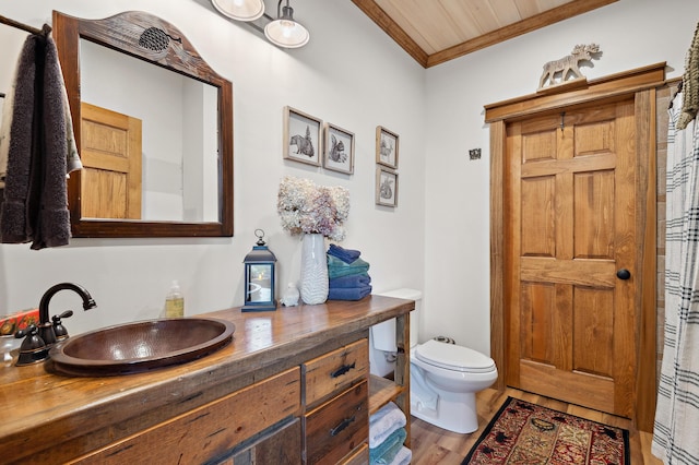 3062 Main St, Rangeley, ME 04970 - full bathroom featuring ornamental molding, vanity, and wood finished floors
