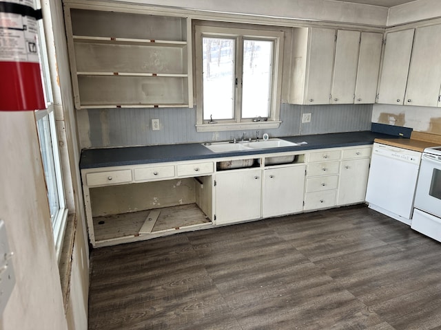 kitchen with a sink, dark countertops, dark wood-style flooring, and white dishwasher