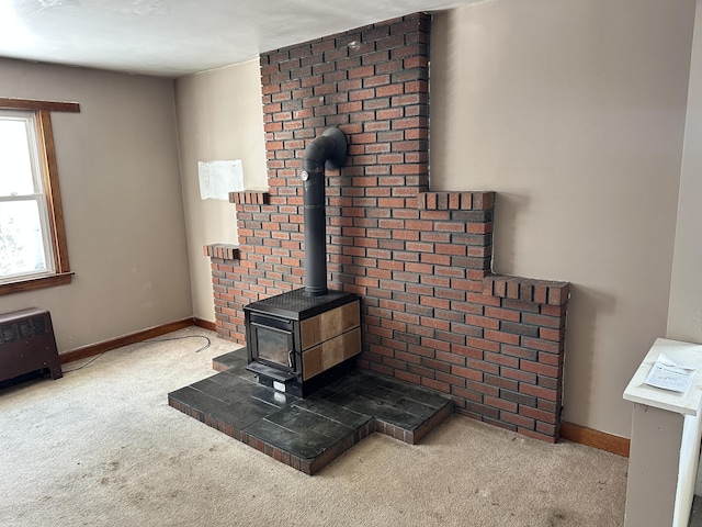 details with a wood stove, baseboards, and carpet floors