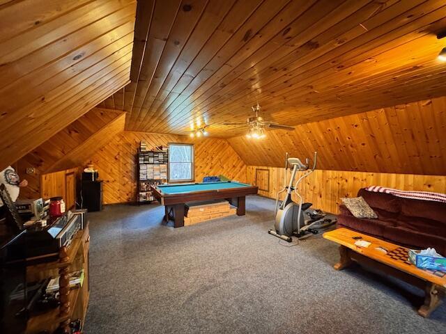 recreation room with carpet floors, wood ceiling, wood walls, billiards, and lofted ceiling
