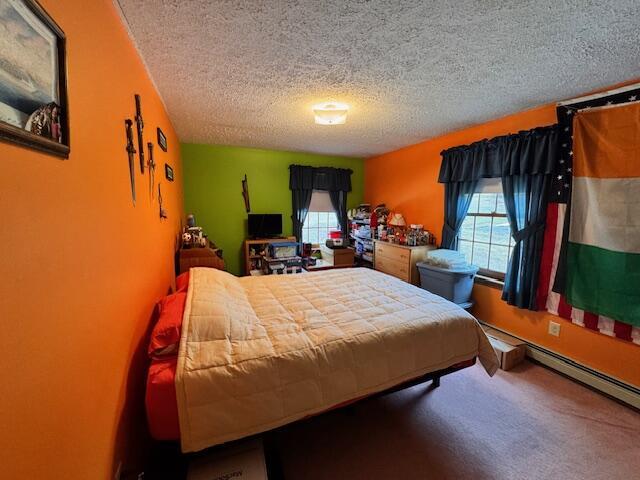 bedroom featuring carpet flooring, a textured ceiling, and multiple windows