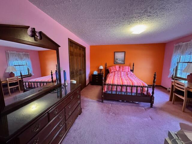 bedroom featuring multiple windows, carpet floors, and a textured ceiling