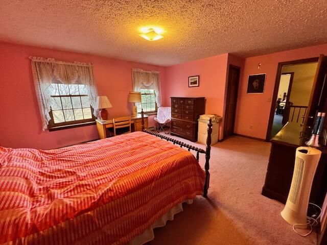 bedroom with carpet floors and a textured ceiling