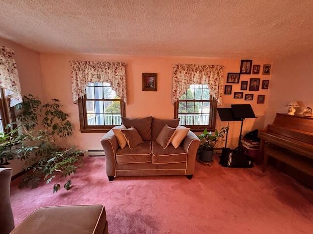 carpeted living room with a wealth of natural light, a baseboard heating unit, and a textured ceiling