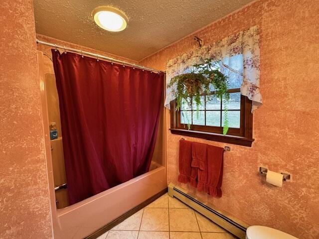 bathroom featuring a textured ceiling, a baseboard radiator, toilet, shower / tub combo with curtain, and tile patterned flooring