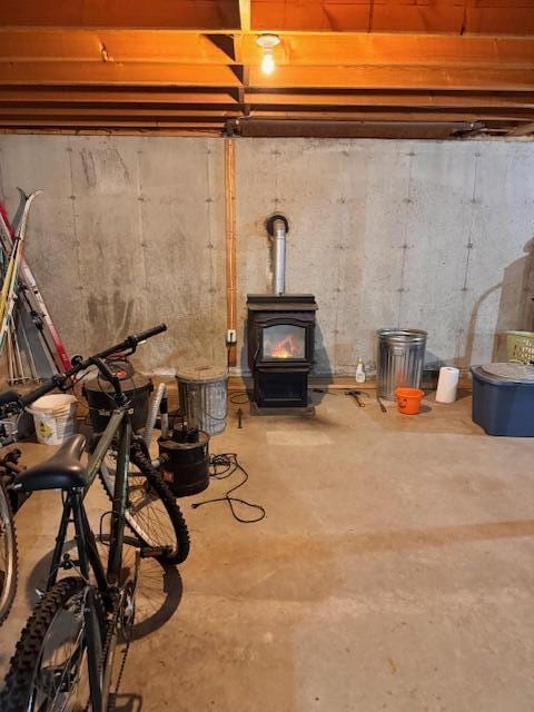below grade area with a wood stove