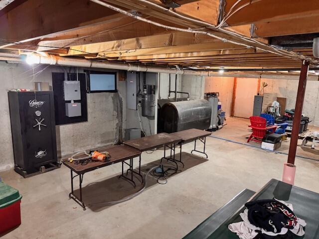 unfinished basement with heating fuel and electric panel