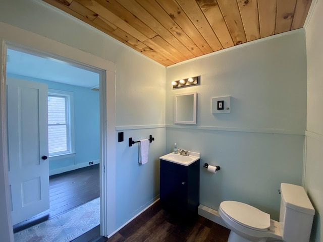 bathroom with toilet, wooden ceiling, wood finished floors, and vanity