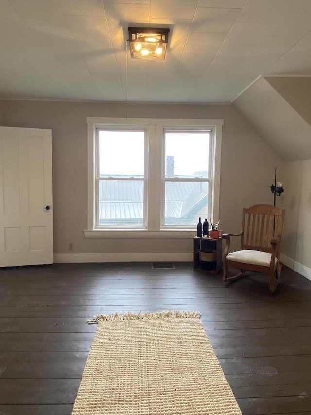 additional living space with baseboards, vaulted ceiling, a healthy amount of sunlight, and dark wood-type flooring