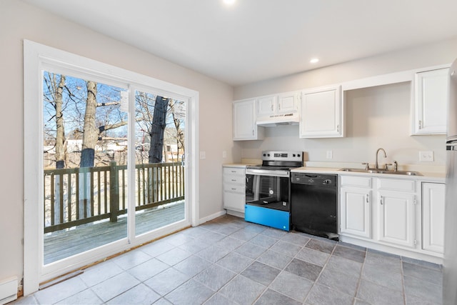 kitchen with stainless steel electric range oven, a sink, light countertops, black dishwasher, and under cabinet range hood