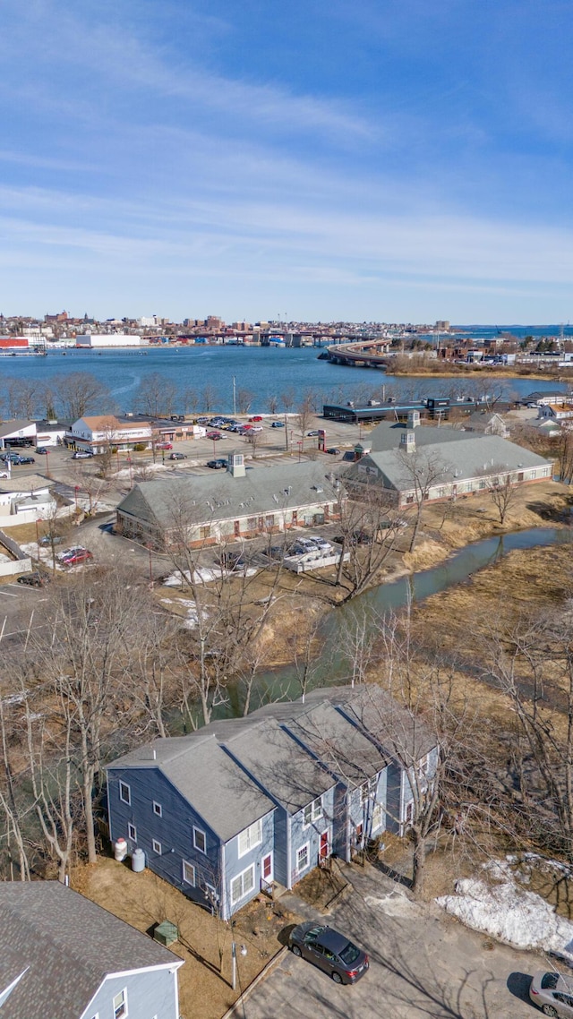 drone / aerial view featuring a water view