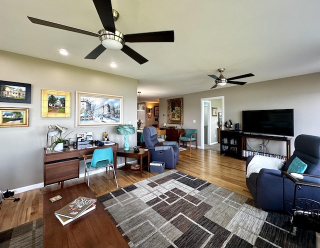 68 Robbins St, Robbinston, ME 04671 - living room featuring recessed lighting, baseboards, ceiling fan, and wood finished floors