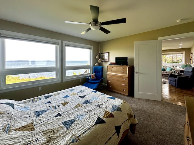 68 Robbins St, Robbinston, ME 04671 - bedroom featuring ceiling fan and dark colored carpet