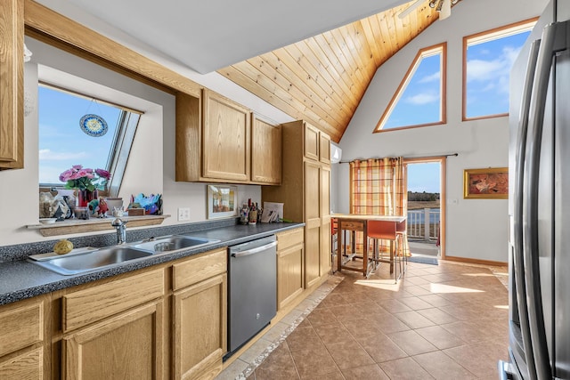 452 Milbridge Rd, Cherryfield, ME 04622 - kitchen featuring light tile patterned floors, dark countertops, appliances with stainless steel finishes, a sink, and wood ceiling