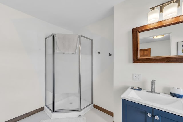 452 Milbridge Rd, Cherryfield, ME 04622 - full bathroom with a stall shower, baseboards, and vanity