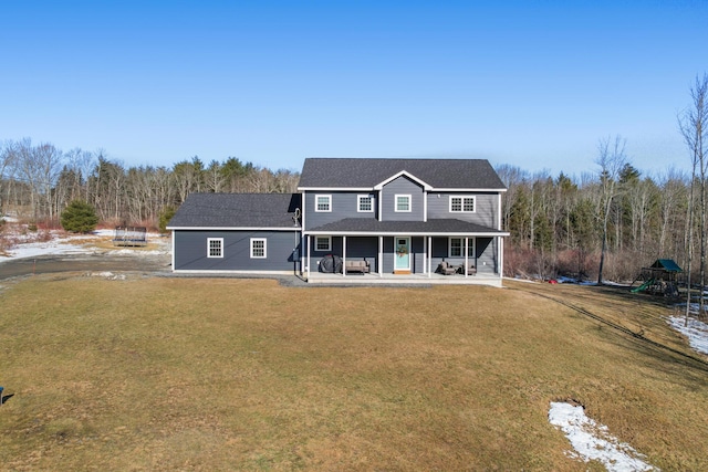 63 Grandview Dr, Newport, ME 04953 - back of property featuring a lawn, a playground, covered porch, and roof with shingles