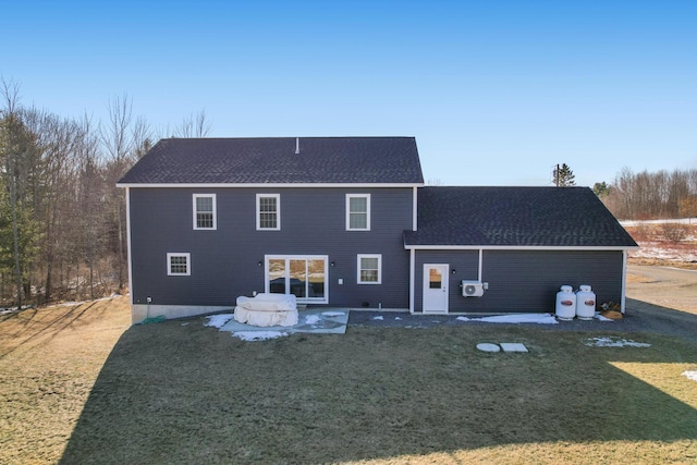 63 Grandview Dr, Newport, ME 04953 - rear view of property featuring a lawn, roof with shingles, and a patio area