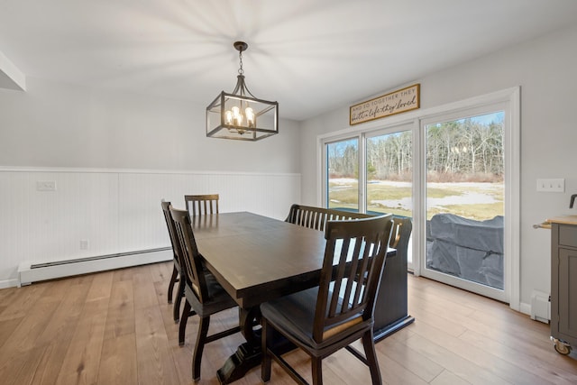 63 Grandview Dr, Newport, ME 04953 - dining room featuring a baseboard heating unit, light wood-style flooring, and wainscoting