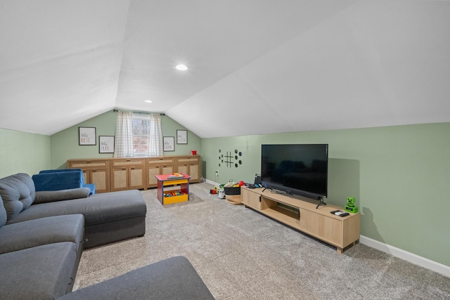 63 Grandview Dr, Newport, ME 04953 - carpeted living room with vaulted ceiling and baseboards