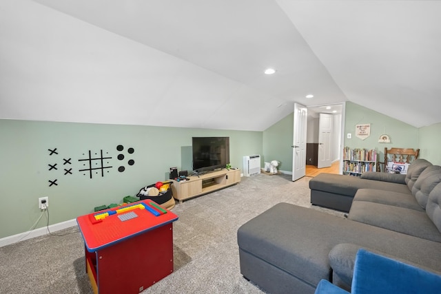 63 Grandview Dr, Newport, ME 04953 - carpeted living room featuring vaulted ceiling and baseboards