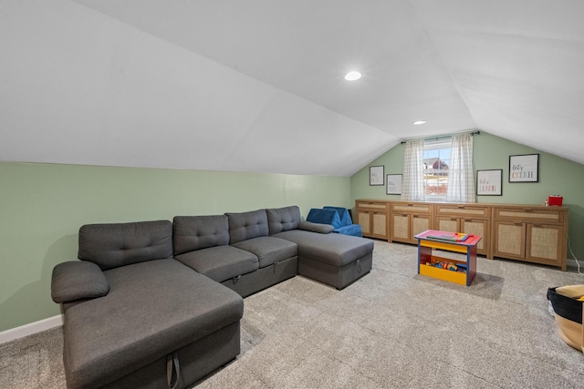 63 Grandview Dr, Newport, ME 04953 - carpeted living room with lofted ceiling, baseboards, and recessed lighting