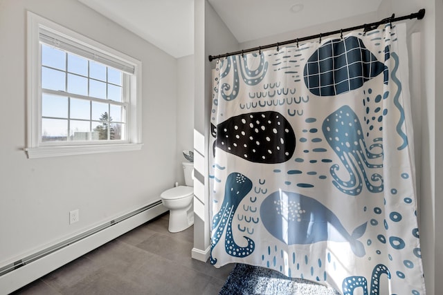 63 Grandview Dr, Newport, ME 04953 - bathroom with a baseboard radiator, toilet, baseboards, and a shower with curtain