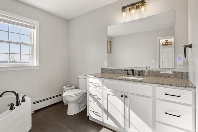 63 Grandview Dr, Newport, ME 04953 - bathroom featuring a baseboard heating unit, toilet, vanity, and tile patterned floors
