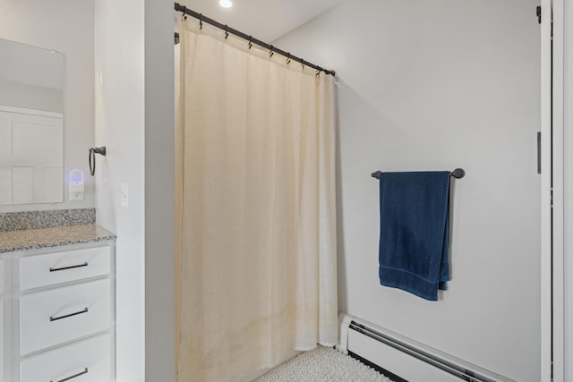 63 Grandview Dr, Newport, ME 04953 - bathroom with vanity, a shower with shower curtain, and a baseboard radiator